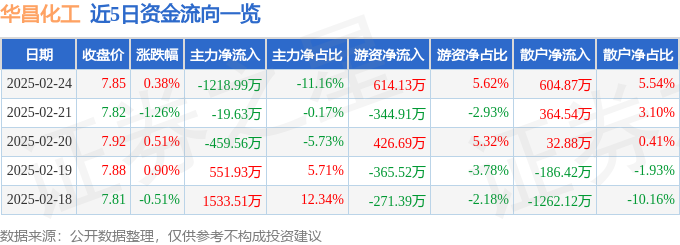 股票行情快报：华昌化工（002274）2月24日主力资金净卖出121899万元